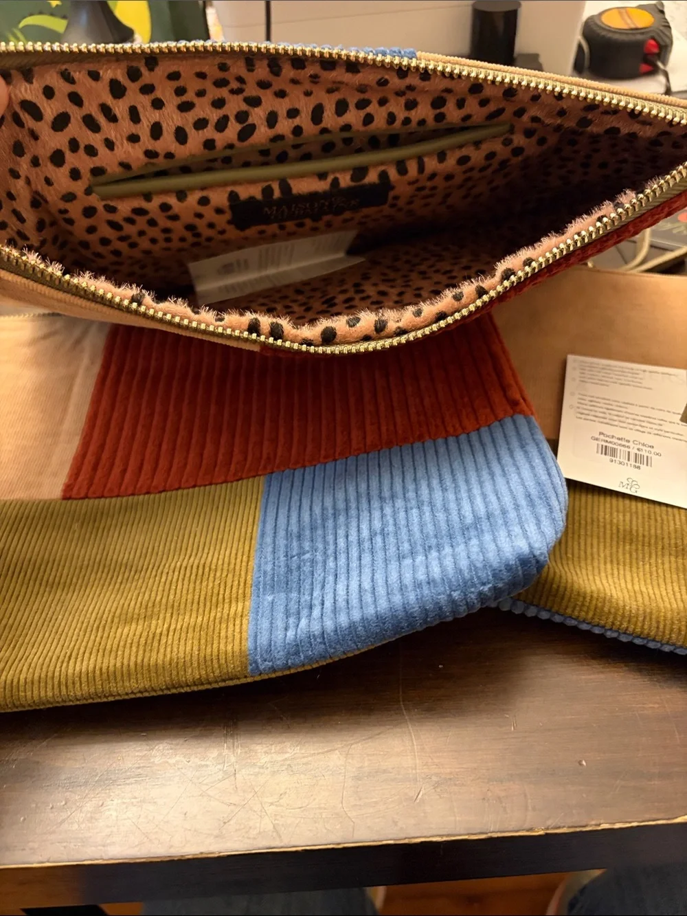 Three availableMulticolor Corduroy Patchwork Wristlet Clutch — Blue, Olive, Rust